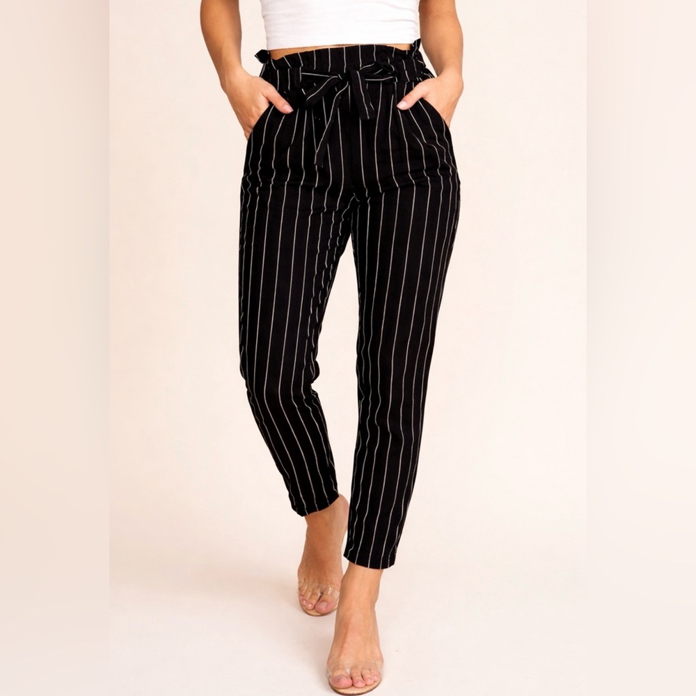 Ambiance Apparel Black Pinstripe Paperbag Pants Tie Waist Small